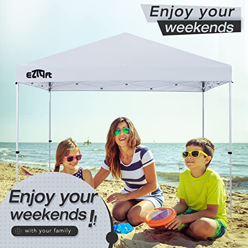 Ezlyft 10’x10’ Pop up Canopy Tent Patented Ez Set-up Canopy Instant Outdoor Canopy with Wheeled Carry Bag Bonus 4 Weight Sandbags, 8 Stakes and 4 Guyline Ropes, White