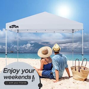 Ezlyft 10’x10’ Pop up Canopy Tent Patented Ez Set-up Canopy Instant Outdoor Canopy with Wheeled Carry Bag Bonus 4 Weight Sandbags, 8 Stakes and 4 Guyline Ropes, White