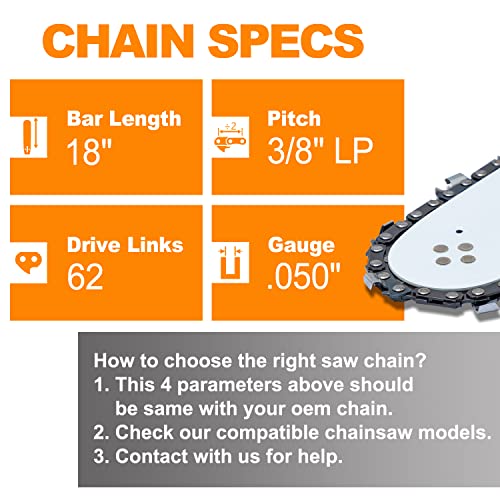 SUNGATOR 3-Pack 18 Inch Chainsaw Chain SG-S62, 3/8" LP Pitch - .050" Gauge - 62 Drive Links, Compatible with Craftsman, Ryobi, Homelite, Poulan