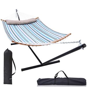 double hammock with stand included: ohuhu 55×75 inch 2 person hammock quilted fabric 12.3 ft steel stand, portable hammocks with curved bar pillow carrying bags for indoor outdoor, 450 lb capacity