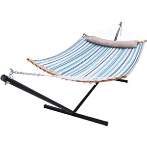 Double Hammock with Stand Included: Ohuhu 55x75 Inch 2 Person Hammock Quilted Fabric 12.3 FT Steel Stand, Portable Hammocks with Curved Bar Pillow Carrying Bags for Indoor Outdoor, 450 LB Capacity