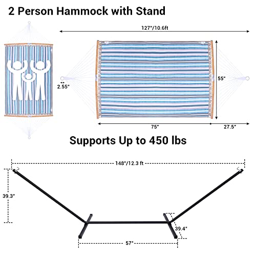 Double Hammock with Stand Included: Ohuhu 55x75 Inch 2 Person Hammock Quilted Fabric 12.3 FT Steel Stand, Portable Hammocks with Curved Bar Pillow Carrying Bags for Indoor Outdoor, 450 LB Capacity