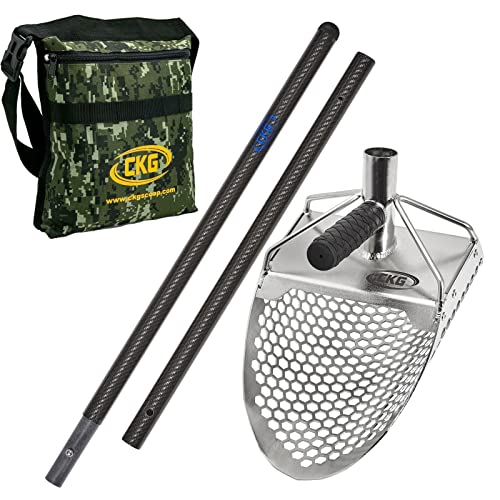 CKG Sand Scoop for Metal Detecting Stainless Steel Shovel for Beach Underwater Treasure Hunting (Large Scoop + Carbon Fiber Handle)