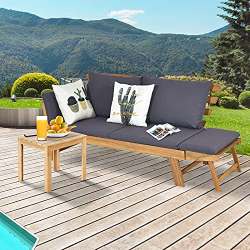 DORTALA Patio Convertible Couch Sofa Bed, Acacia Wood Daybed w/Adjustable Armrest, Collapsible Chaise Lounge w/Cushions & Pillows, Outdoor Loveseat forPoolside, Courtyard, Grey