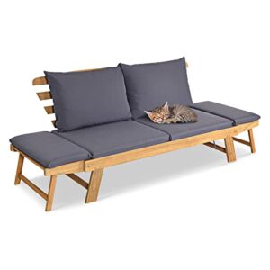 DORTALA Patio Convertible Couch Sofa Bed, Acacia Wood Daybed w/Adjustable Armrest, Collapsible Chaise Lounge w/Cushions & Pillows, Outdoor Loveseat forPoolside, Courtyard, Grey