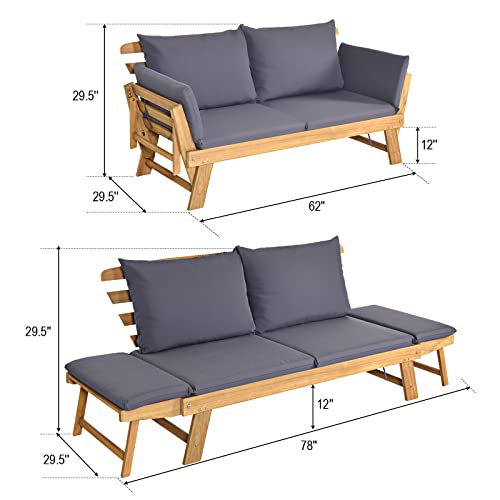 DORTALA Patio Convertible Couch Sofa Bed, Acacia Wood Daybed w/Adjustable Armrest, Collapsible Chaise Lounge w/Cushions & Pillows, Outdoor Loveseat forPoolside, Courtyard, Grey