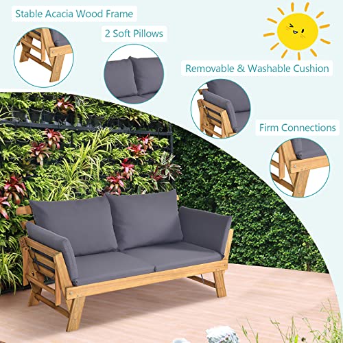 DORTALA Patio Convertible Couch Sofa Bed, Acacia Wood Daybed w/Adjustable Armrest, Collapsible Chaise Lounge w/Cushions & Pillows, Outdoor Loveseat forPoolside, Courtyard, Grey