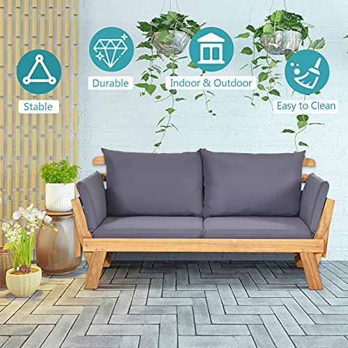 DORTALA Patio Convertible Couch Sofa Bed, Acacia Wood Daybed w/Adjustable Armrest, Collapsible Chaise Lounge w/Cushions & Pillows, Outdoor Loveseat forPoolside, Courtyard, Grey