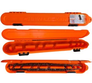 chain locker original chainsaw chain storage case orange organization box universal for 6”, 8”, 10”, 12”, 14”, 16”, 18” and 20” blade chains made in usa