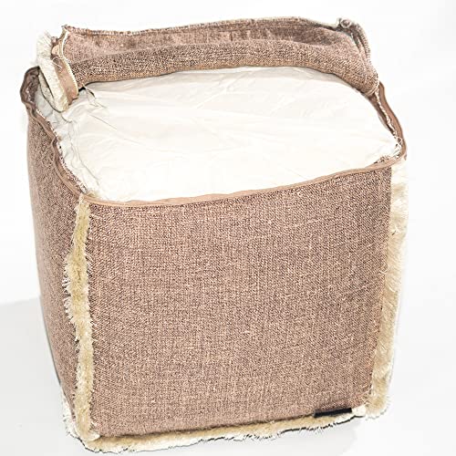 Boho Natural Jute Ottoman Pouf Upholstered 16" Turkish Handmade Rattan Cube | Tufted Square Stuffed Moroccan Rustic Patio Living Room Farmhouse Decor | Foot Stool Rest Coffee Table Sand Jute Original