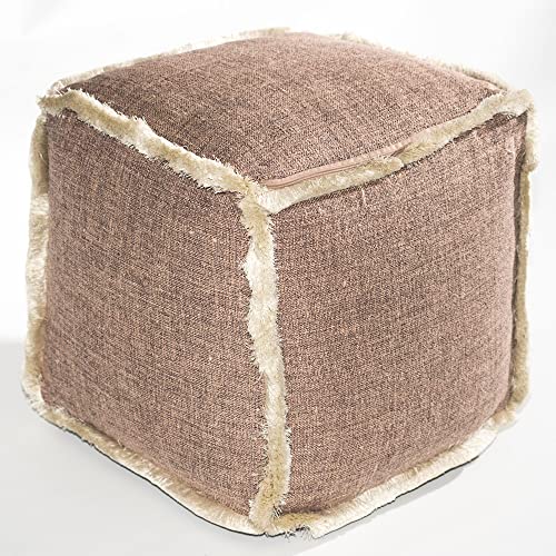 Boho Natural Jute Ottoman Pouf Upholstered 16" Turkish Handmade Rattan Cube | Tufted Square Stuffed Moroccan Rustic Patio Living Room Farmhouse Decor | Foot Stool Rest Coffee Table Sand Jute Original