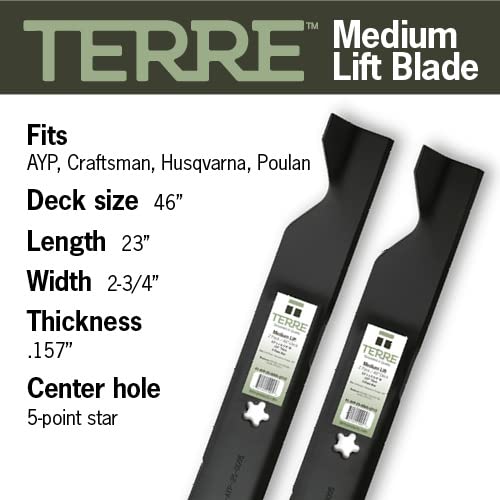 Terre Products, 2 Pack Medium Lift Lawn Mower Blades, 46 Inch Cut, Compatible with Craftsman, Husqvarna, Poulan, AYP, Replacement for 33266, 403107, 405380, 532405380