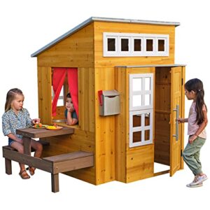 kidkraft modern outdoor wooden playhouse with picnic table, mailbox and outdoor grill, gift for ages 3+
