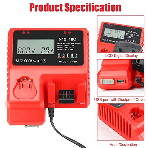 18V 9.0 Ah Battery and Charger Combo Kit for Milwaukee M-18,Replace for Milwaukee Red Lithium XC Batteries(2)+ 18V Battery Charger 48-59-1812