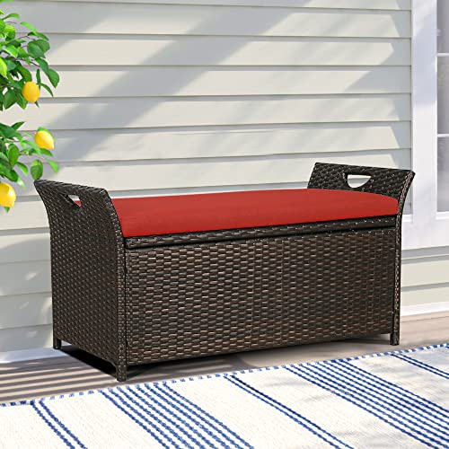 Patio Tree Outdoor Deck Storage Box, Patio Wicker Storage Bench, Rattan Storage Bins with Cushion (Red)