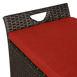 Patio Tree Outdoor Deck Storage Box, Patio Wicker Storage Bench, Rattan Storage Bins with Cushion (Red)