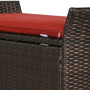 Patio Tree Outdoor Deck Storage Box, Patio Wicker Storage Bench, Rattan Storage Bins with Cushion (Red)