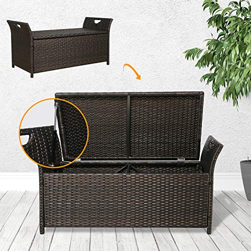 Patio Tree Outdoor Deck Storage Box, Patio Wicker Storage Bench, Rattan Storage Bins with Cushion (Red)