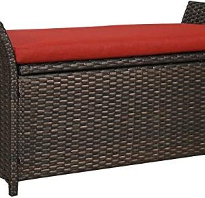 Patio Tree Outdoor Deck Storage Box, Patio Wicker Storage Bench, Rattan Storage Bins with Cushion (Red)