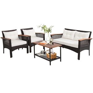 tangkula 4-piece patio furniture set, patiojoy acacia wood outdoor pe wicker conversation set with cushions, pe rattan sectional sofa set for lawn, porch, poolside, backyard (off white)