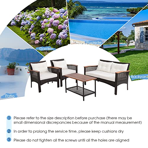 Tangkula 4-Piece Patio Furniture Set, Patiojoy Acacia Wood Outdoor PE Wicker Conversation Set with Cushions, PE Rattan Sectional Sofa Set for Lawn, Porch, Poolside, Backyard (Off White)