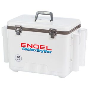 engel uc30 30qt leak-proof, air tight, fishing drybox cooler with built-in fishing rod holders, also makes the perfect hard shell lunchbox for men and women in white