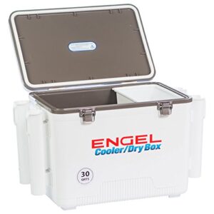 Engel UC30 30qt Leak-Proof, Air Tight, Fishing Drybox Cooler with Built-in Fishing Rod Holders, Also Makes The Perfect Hard Shell Lunchbox for Men and Women in White