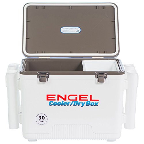 Engel UC30 30qt Leak-Proof, Air Tight, Fishing Drybox Cooler with Built-in Fishing Rod Holders, Also Makes The Perfect Hard Shell Lunchbox for Men and Women in White