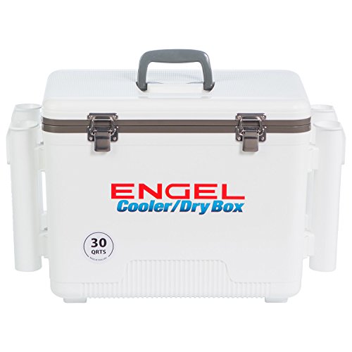 Engel UC30 30qt Leak-Proof, Air Tight, Fishing Drybox Cooler with Built-in Fishing Rod Holders, Also Makes The Perfect Hard Shell Lunchbox for Men and Women in White