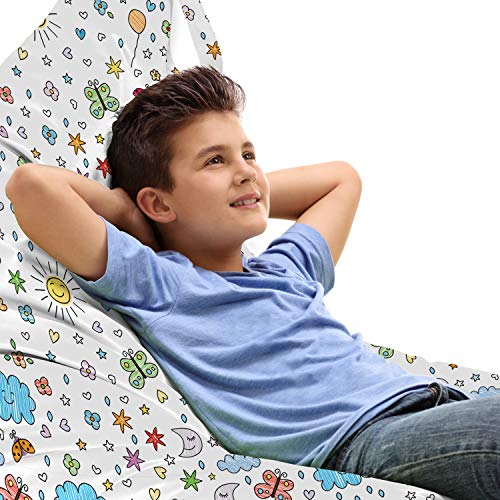 Lunarable Retro Lounger Chair Bag, Smiling Sun Moon Stars Clouds Flowers Butterflies Ladybugs Heart Shapes Art, High Capacity Storage with Handle Container, Lounger Size, Yellow Blue