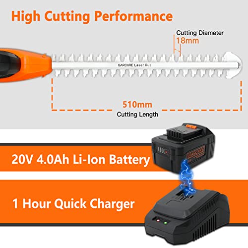 GARCARE Cordless Pole Hedge Trimmer, 2 in 1 Electric Telescopic Hedge Trimmers Long Reach with 20V 4.0Ah Battery and Quick Charger (20inch Cutting Blade Length, 3/4inch Cutting Capacity, 1200rpm)