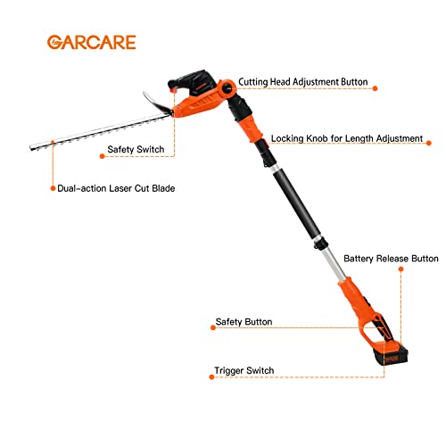 GARCARE Cordless Pole Hedge Trimmer, 2 in 1 Electric Telescopic Hedge Trimmers Long Reach with 20V 4.0Ah Battery and Quick Charger (20inch Cutting Blade Length, 3/4inch Cutting Capacity, 1200rpm)