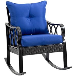 outsunny outdoor wicker rocking chair with padded cushions, aluminum furniture rattan porch rocker chair w/armrest for garden, patio, and backyard, blue