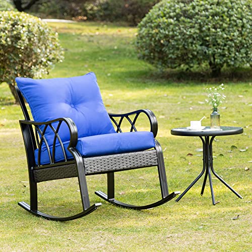 Outsunny Outdoor Wicker Rocking Chair with Padded Cushions, Aluminum Furniture Rattan Porch Rocker Chair w/Armrest for Garden, Patio, and Backyard, Blue