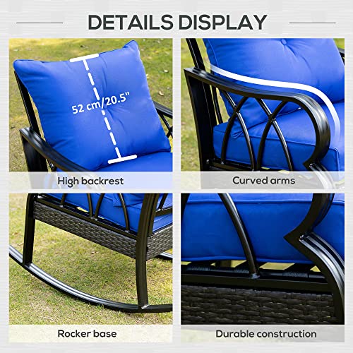 Outsunny Outdoor Wicker Rocking Chair with Padded Cushions, Aluminum Furniture Rattan Porch Rocker Chair w/Armrest for Garden, Patio, and Backyard, Blue