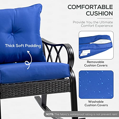 Outsunny Outdoor Wicker Rocking Chair with Padded Cushions, Aluminum Furniture Rattan Porch Rocker Chair w/Armrest for Garden, Patio, and Backyard, Blue