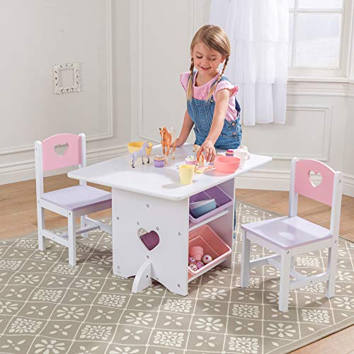 KidKraft Wooden Heart Table & Chair Set with 4 Storage Bins, Children's Furniture – Pink, Purple, White, Gift for Ages 3-8, 30.4 x 22.4 x 19.5