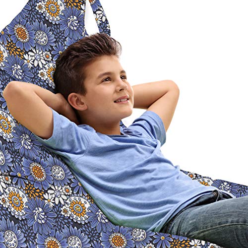 Lunarable Floral Lounger Chair Bag, Hand Drawn Flowers Daisies Doodle Spirals Dots Natural Retro, High Capacity Storage with Handle Container, Lounger Size, Violet Blue Orange White