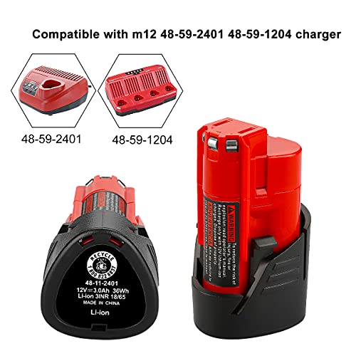 energup 2Pack 12V 3Ah 48-11-2411 Battery for Milwaukee M12 48-11-2420 Lithium-ion Battery for Milwaukee 48-11-2411 48-11-2401 48-11-2402 12-Volt Milwaukee m12 Batteries