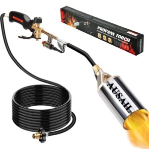 propane torch weed burner,blow torch,heavy duty,high output 800,000 btu,flamethrower with turbo trigger push button igniter and 9.8 ft hose for roof asphalt,ice snow,road marking,charcoal