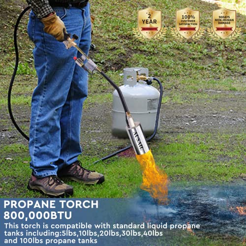 Propane Torch Weed Burner,Blow Torch,Heavy Duty,High Output 800,000 BTU,Flamethrower with Turbo Trigger Push Button Igniter and 9.8 FT Hose for Roof Asphalt,Ice Snow,Road Marking,Charcoal