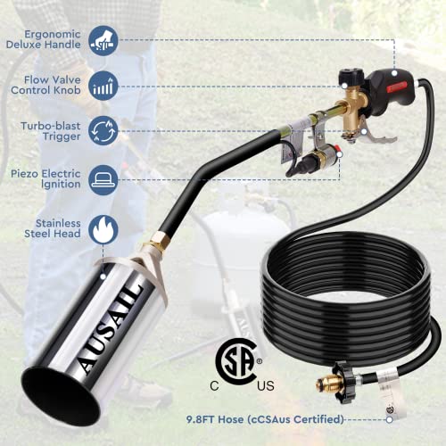 Propane Torch Weed Burner,Blow Torch,Heavy Duty,High Output 800,000 BTU,Flamethrower with Turbo Trigger Push Button Igniter and 9.8 FT Hose for Roof Asphalt,Ice Snow,Road Marking,Charcoal