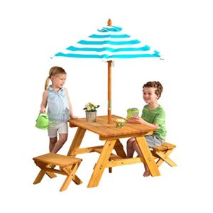 kidkraft outdoor wooden table & bench set with striped umbrella, children’s backyard furniture, turquoise and white, gift for ages 3-8, amazon exclusive