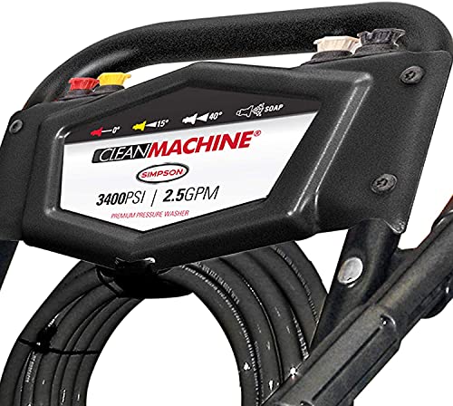 SIMPSON Cleaning CM61083 Clean Machine 3400 PSI Gas Pressure Washer, 2.5 GPM, CRX Engine, Includes Spray Gun and Wand, 4 QC Nozzle Tips, 5/16-in. x 25-ft. MorFlex Hose