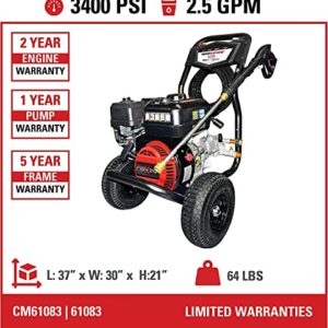 SIMPSON Cleaning CM61083 Clean Machine 3400 PSI Gas Pressure Washer, 2.5 GPM, CRX Engine, Includes Spray Gun and Wand, 4 QC Nozzle Tips, 5/16-in. x 25-ft. MorFlex Hose