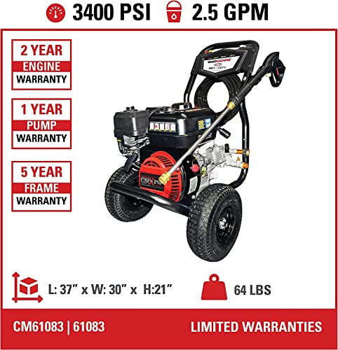 SIMPSON Cleaning CM61083 Clean Machine 3400 PSI Gas Pressure Washer, 2.5 GPM, CRX Engine, Includes Spray Gun and Wand, 4 QC Nozzle Tips, 5/16-in. x 25-ft. MorFlex Hose