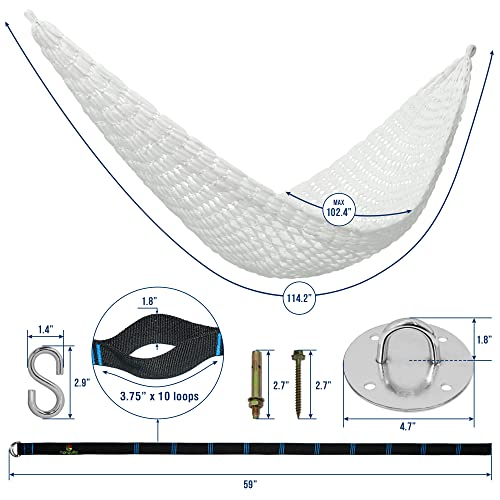 Tranquillo 550lb Capacity Portable Double Hammock Durable Woven Hammock with Versatile Hammock Hanging Kit Strap & Ceiling Mount, Inhouse Patio, White