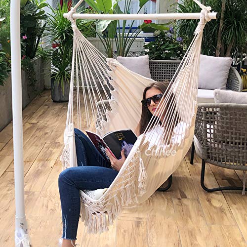 Chihee Hammock Chair Relax Hanging Chair Cotton Woven Soft Seat for Superior Comfort Durability Elegant Tassels Creative Metal Strong Spreader Bar 3-Section Combination Detachable Easy to Install