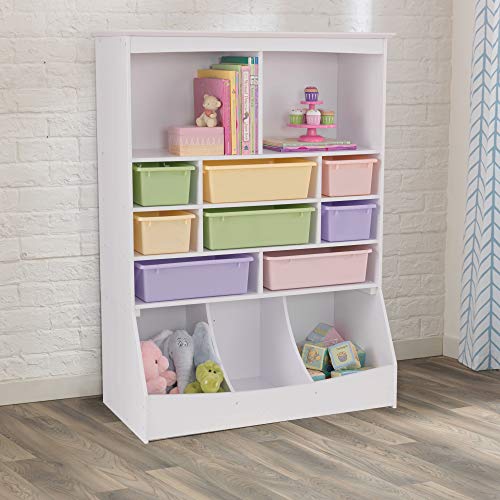 KidKraft Wooden Wall Storage Unit with 8 Plastic Bins and 13 Compartments - White, Gift for Ages 3+ & Nantucket Wooden Storage Bench with Three Bins and Wainscoting Detail - White, Gift for Ages 3+