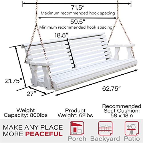 Amish Casual Heavy Duty 800 Lb Roll Back Treated Porch Swing with Hanging Chains (5 Foot, Semi-Solid White Stain)